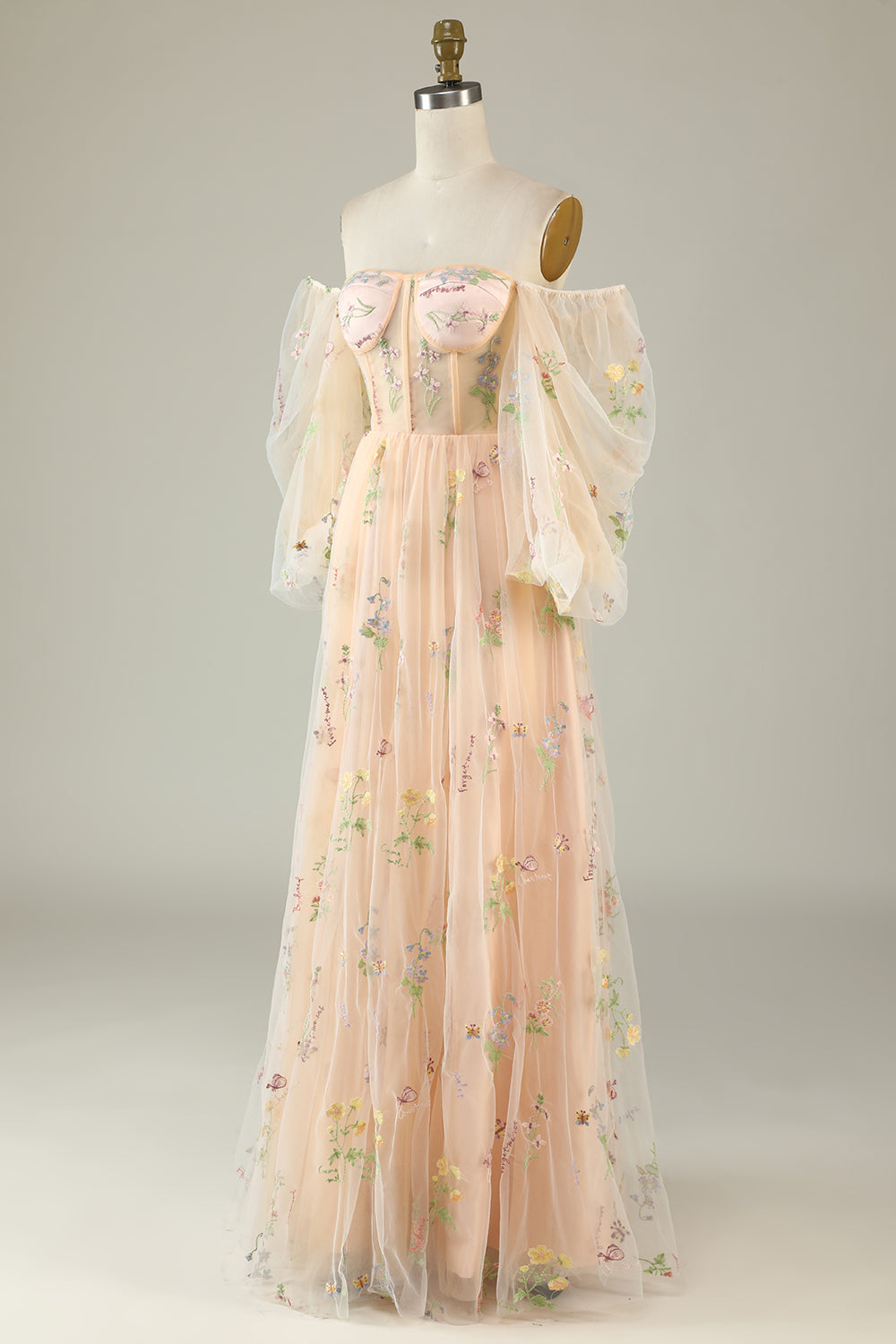 Green Off Shoulder Floral Long Prom Dress