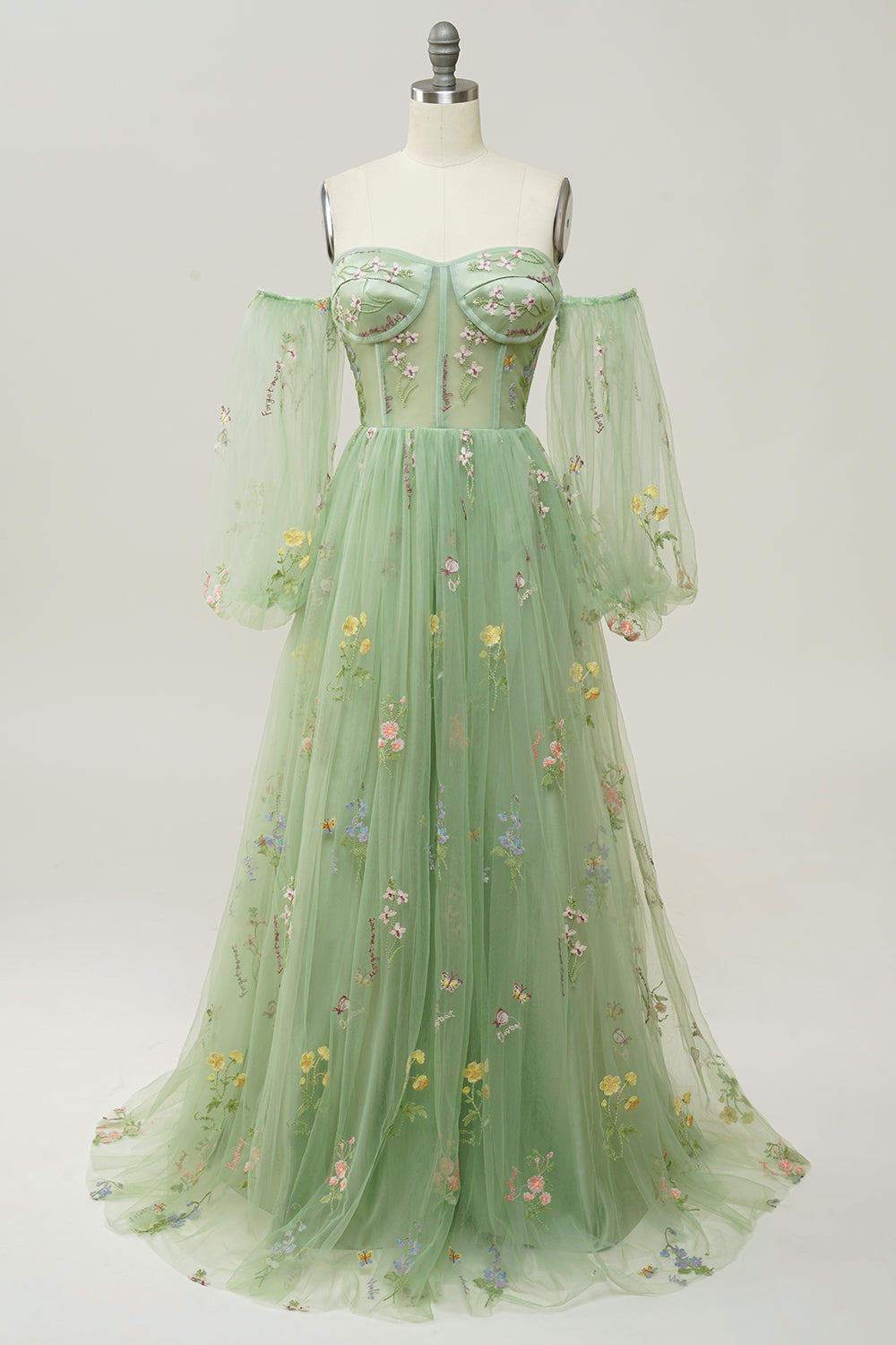 Green Off Shoulder Floral Long Prom Dress