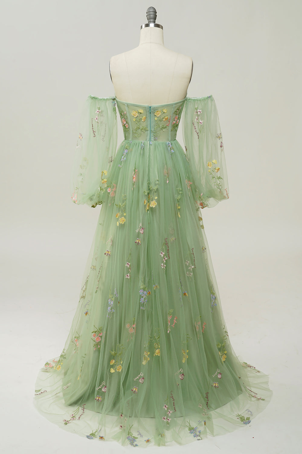 Green Off Shoulder Floral Long Prom Dress