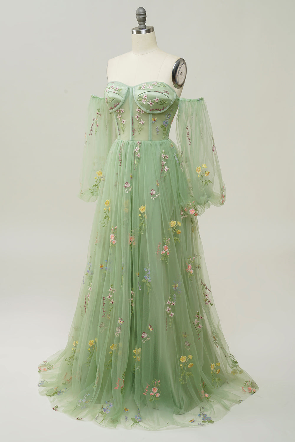 Green Off Shoulder Floral Long Prom Dress