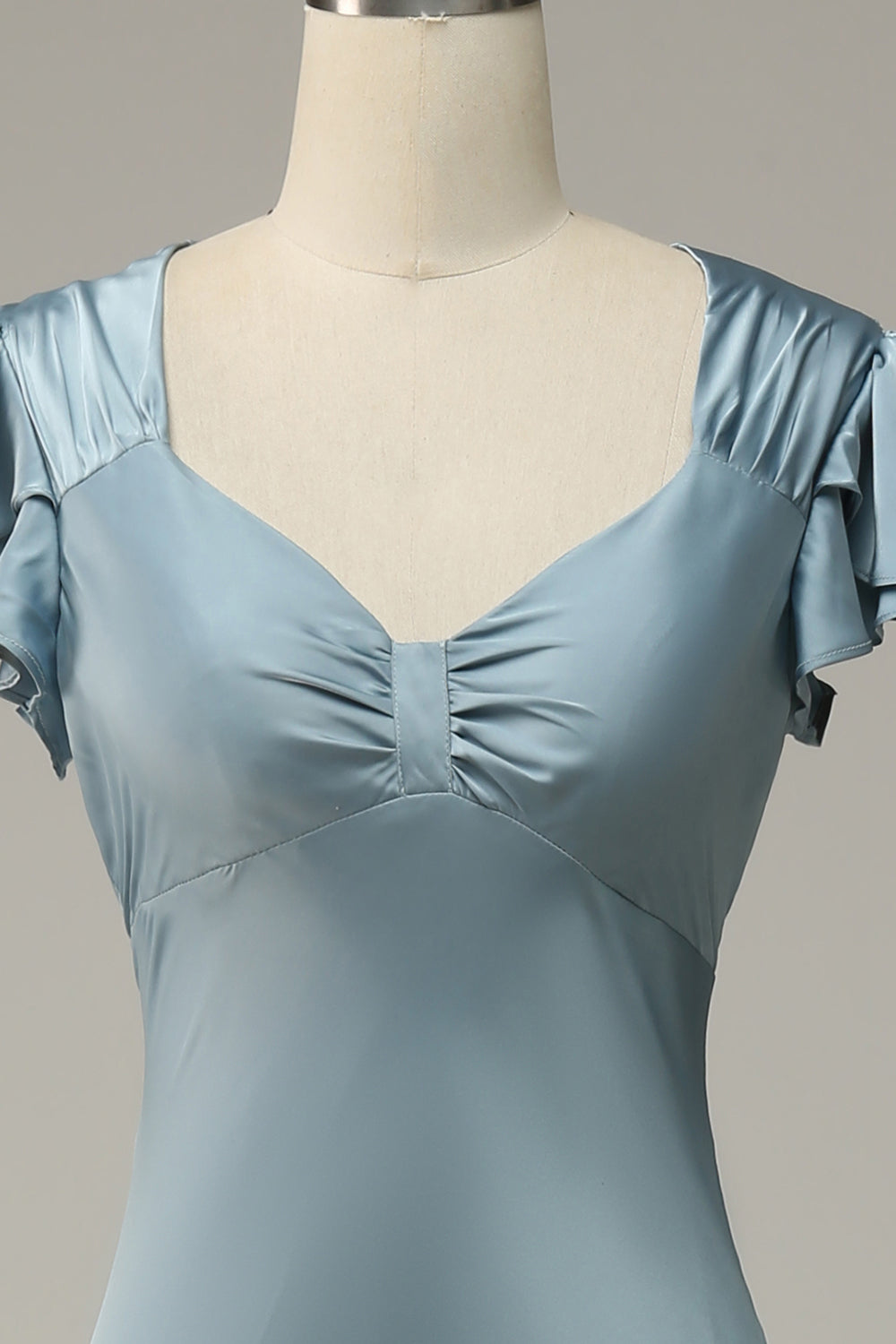 Grey Blue Satin Simple Prom Dress with Ruffles
