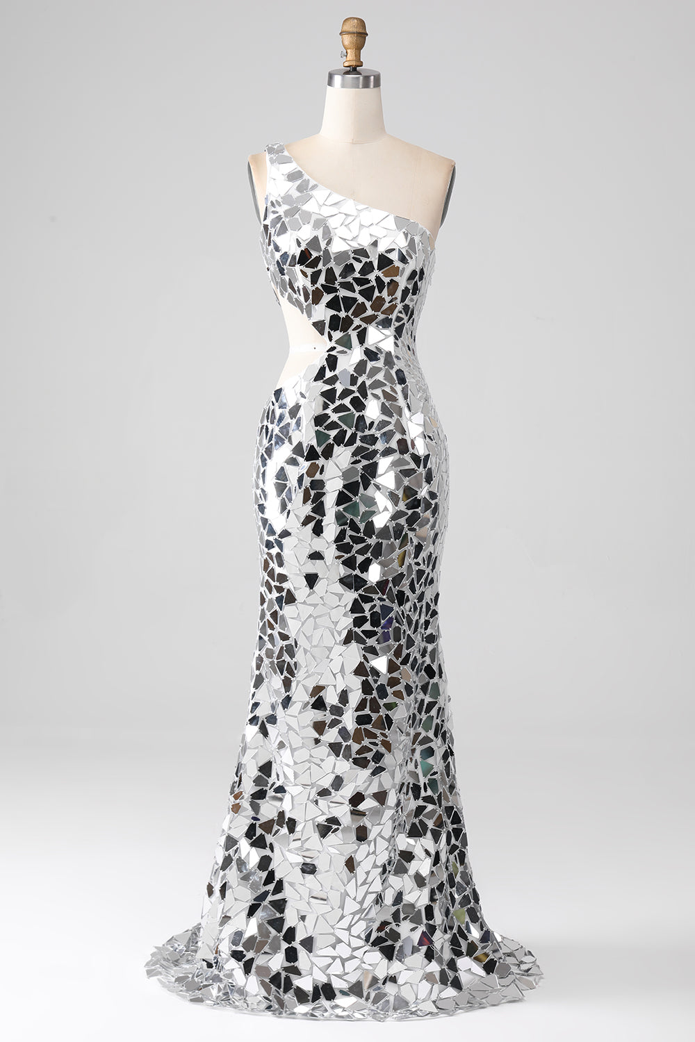 Sparkly Silver Mirror One Shoulder Prom Dress with Hollow-out