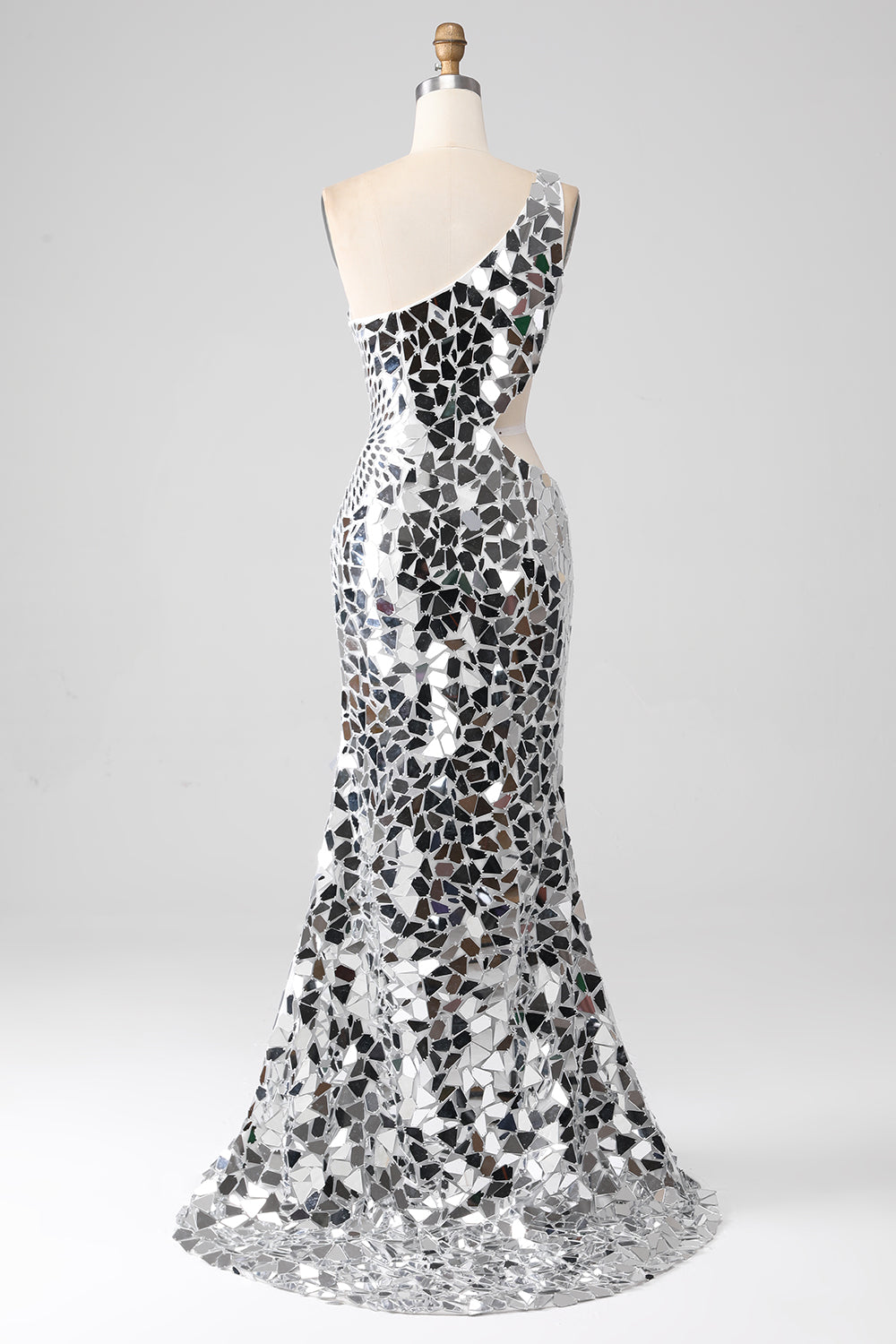 Sparkly Silver Mirror One Shoulder Prom Dress with Hollow-out