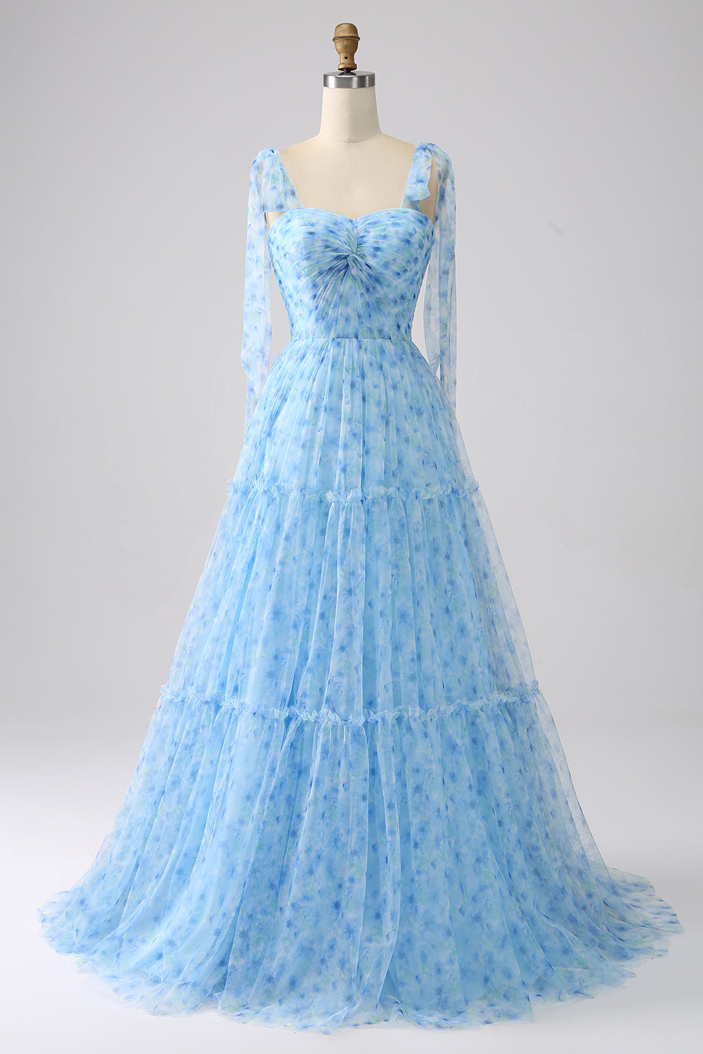Light Blue A-Line Spaghetti Straps Pleated Long Prom Dress