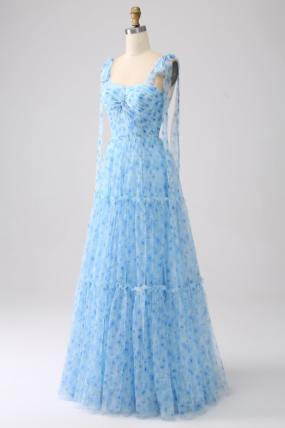 Light Blue A-Line Spaghetti Straps Pleated Long Prom Dress