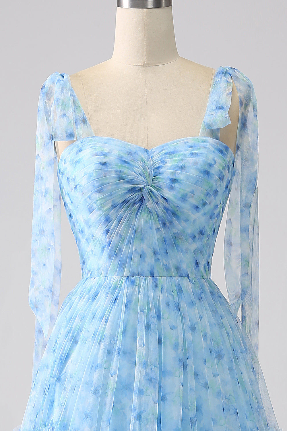 Light Blue A-Line Spaghetti Straps Pleated Long Prom Dress