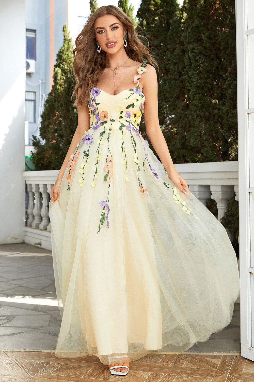 Flower A-Line Champagne Prom Dress
