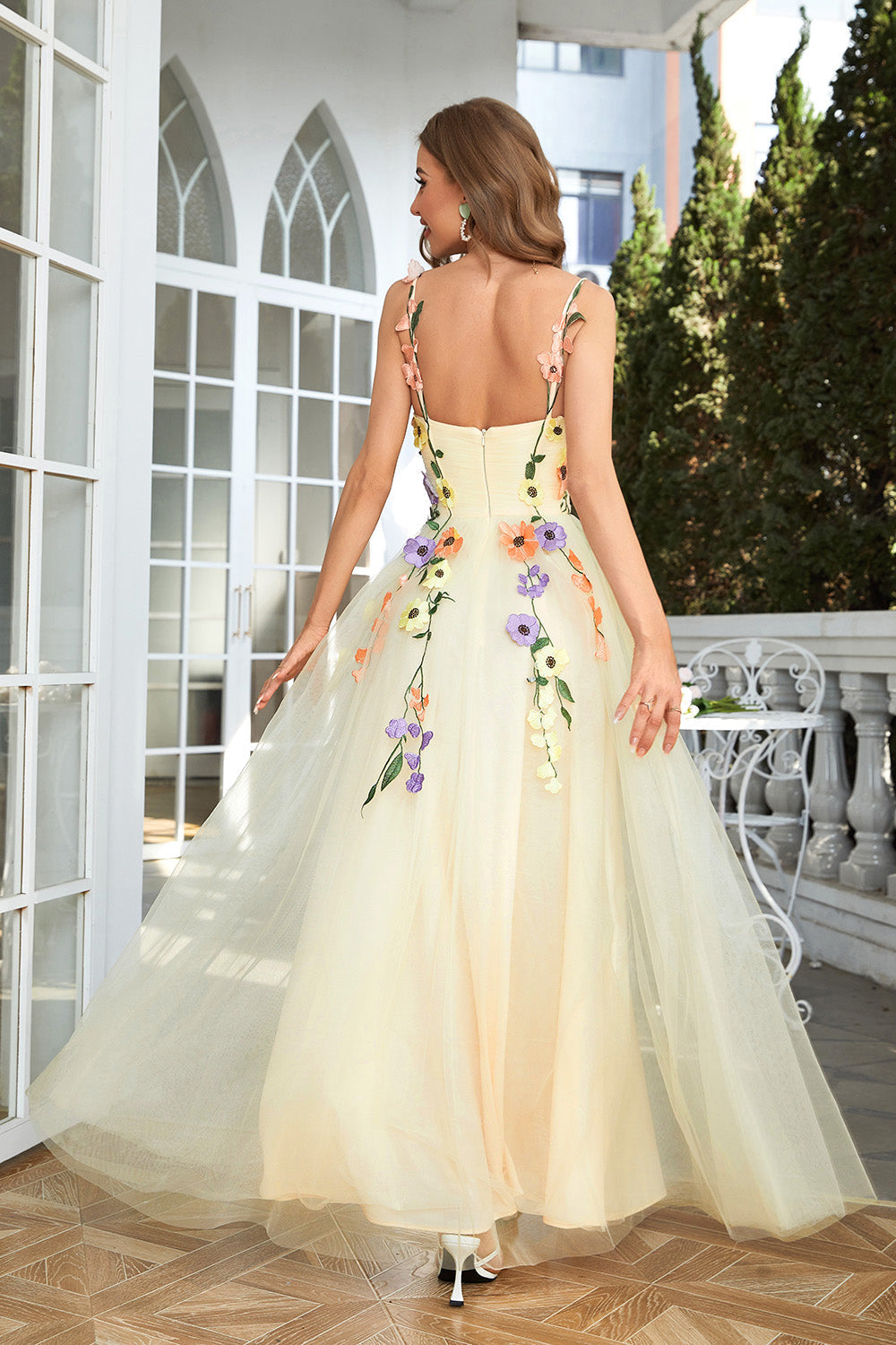 Flower A-Line Champagne Prom Dress