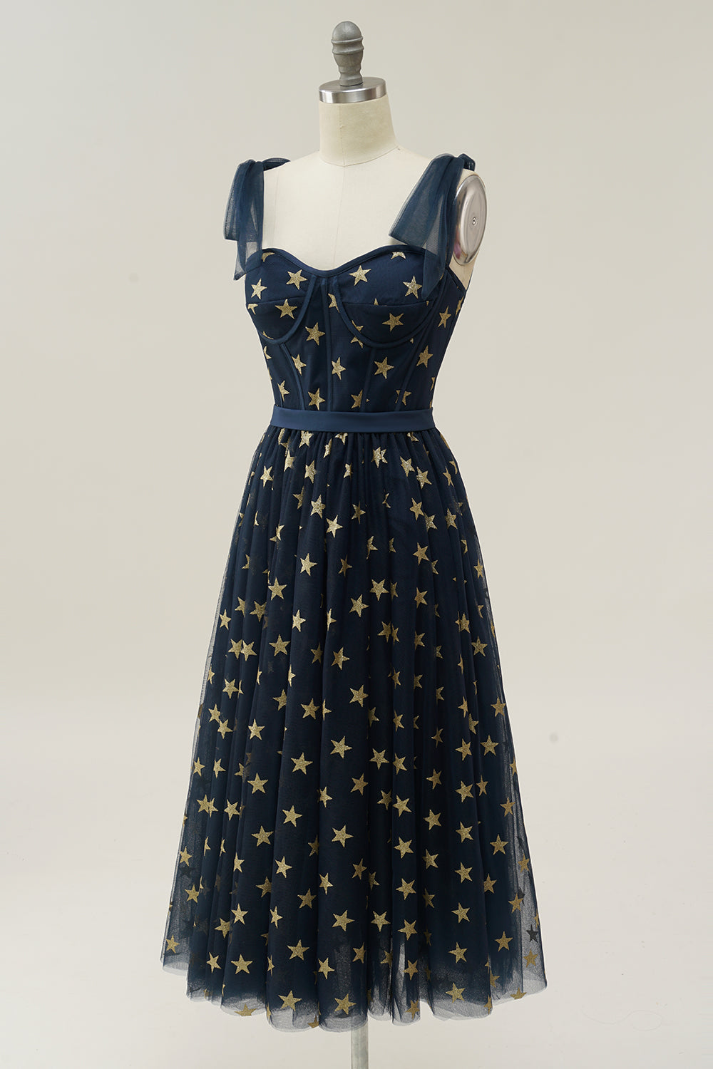 A-line Navy Tea-length Prom Dress with Stars
