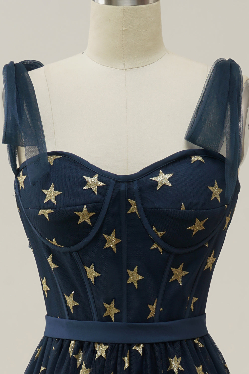 A-line Navy Tea-length Prom Dress with Stars