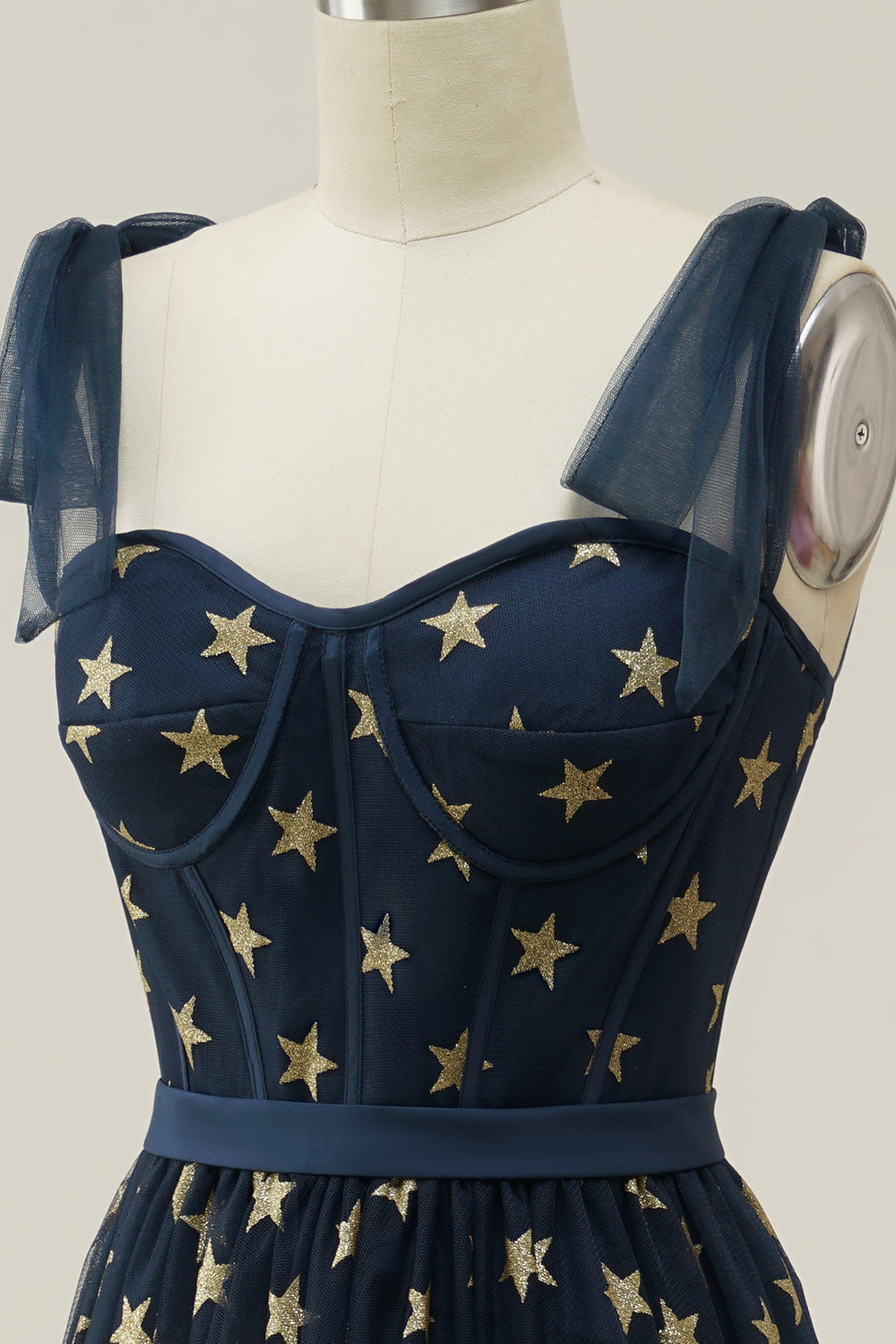 A-line Navy Tea-length Prom Dress with Stars