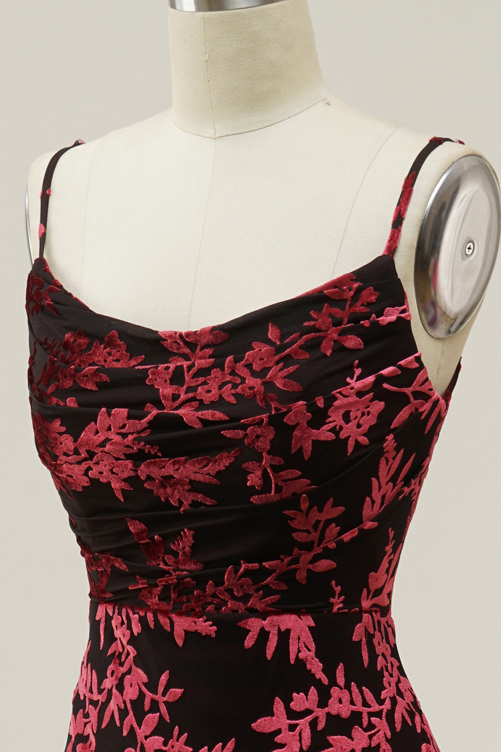 Sheath Spaghetti Straps Burgundy Printed Velvet Long Prom Dress with Silt