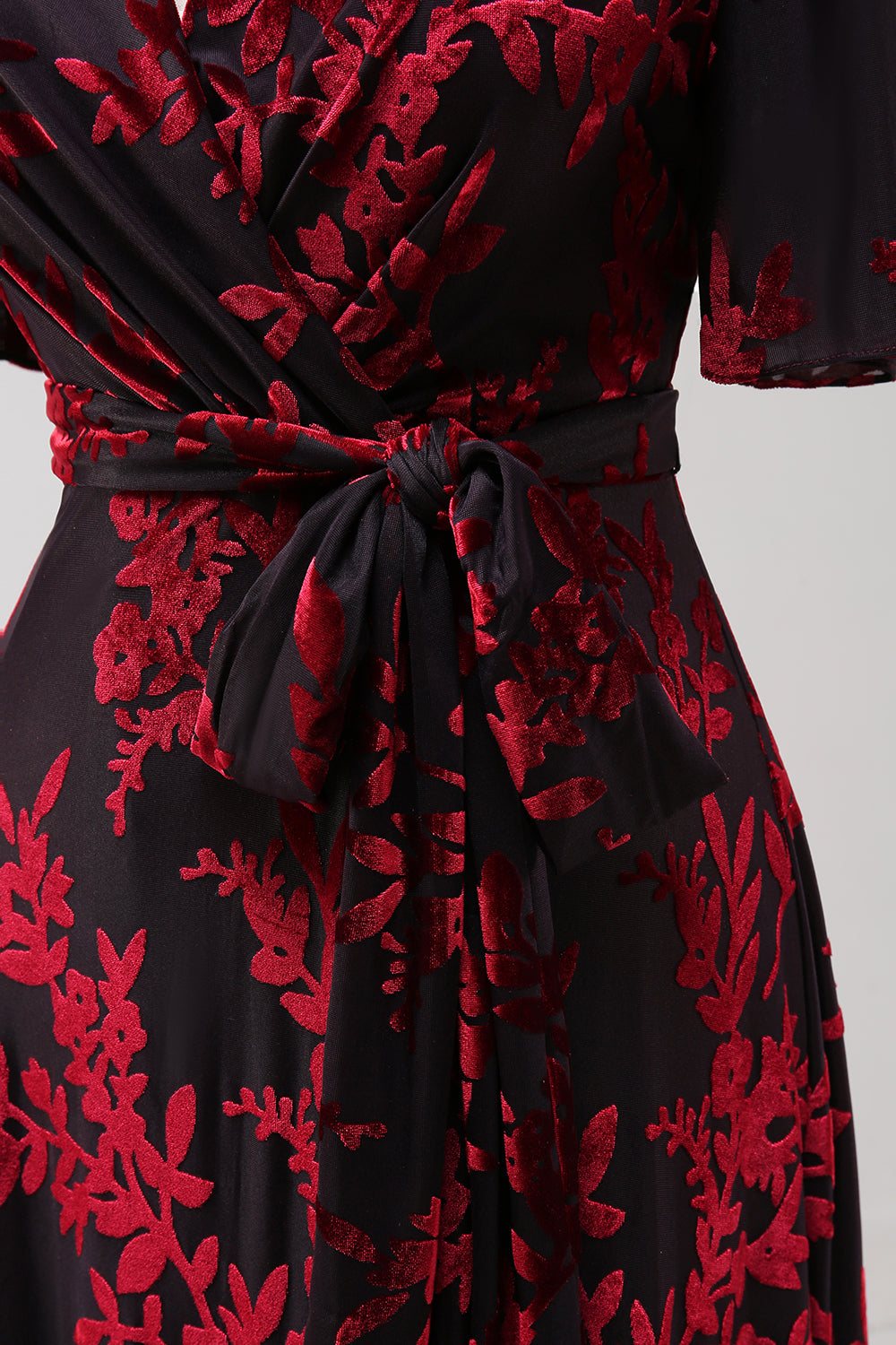 Burgundy Burnout Velvet A-Line V Neck Maxi Dress with Short Sleeves
