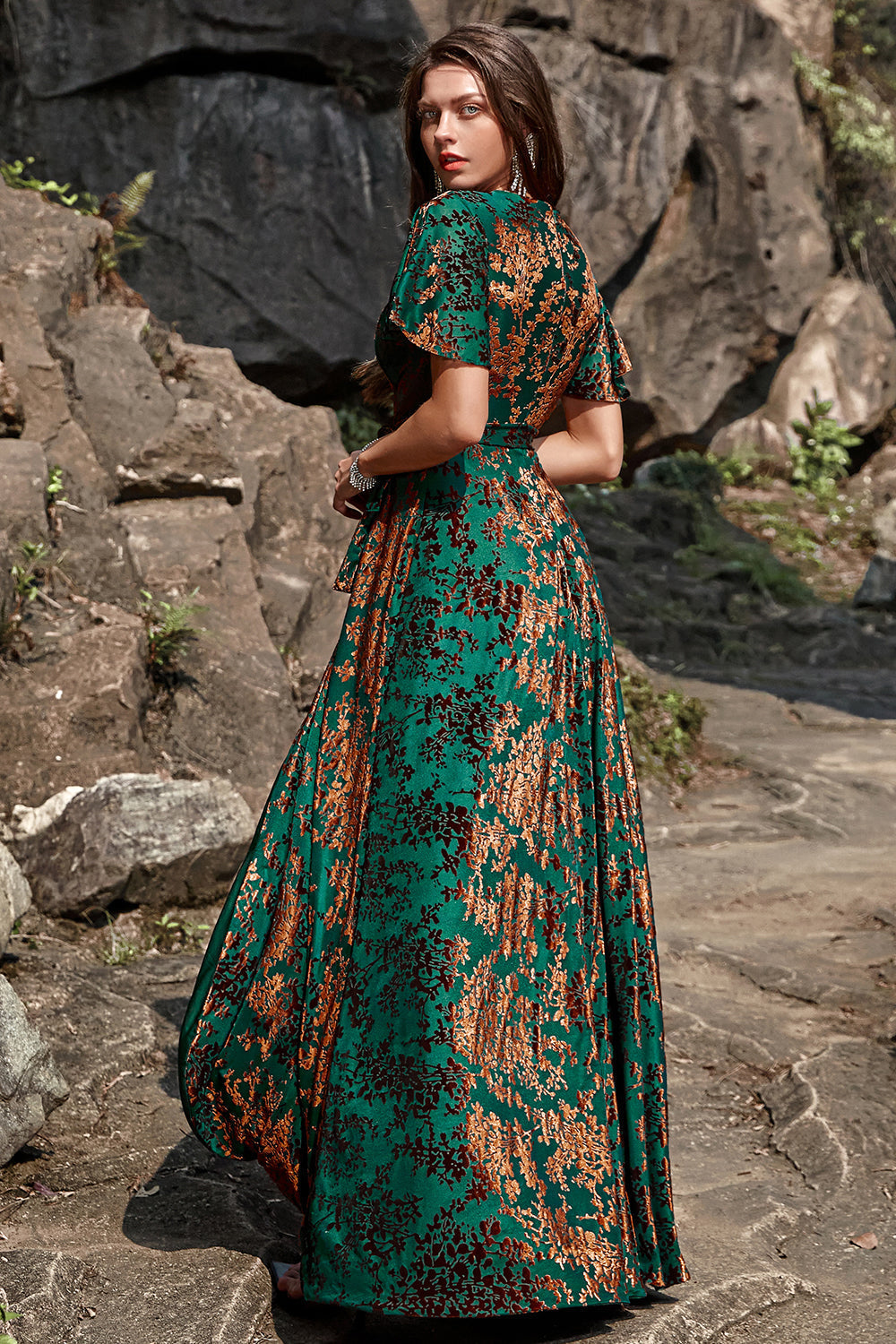 Pine A-Line Velvet Burnout V-Neck Long Wedding Guest Dress
