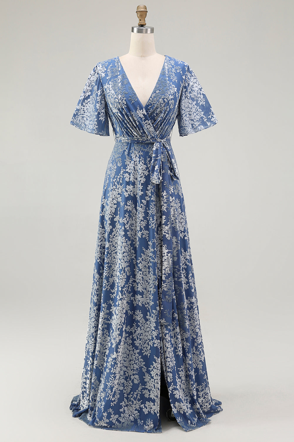 Pine A-Line Velvet Burnout V-Neck Long Wedding Guest Dress