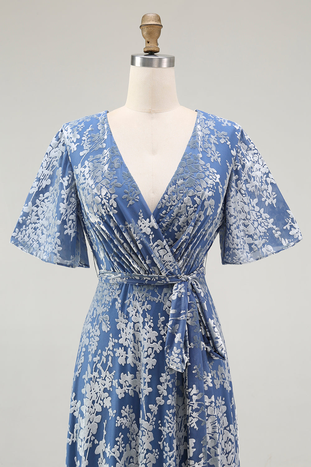 Pine A-Line Velvet Burnout V-Neck Long Wedding Guest Dress