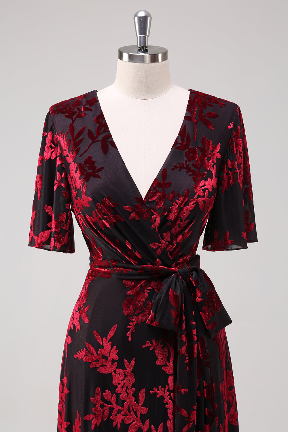 Pine A-Line Velvet Burnout V-Neck Long Wedding Guest Dress