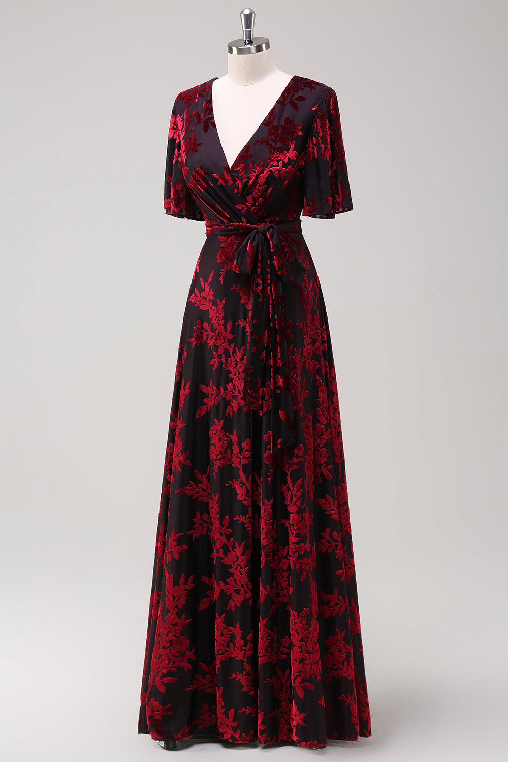Pine A-Line Velvet Burnout V-Neck Long Wedding Guest Dress