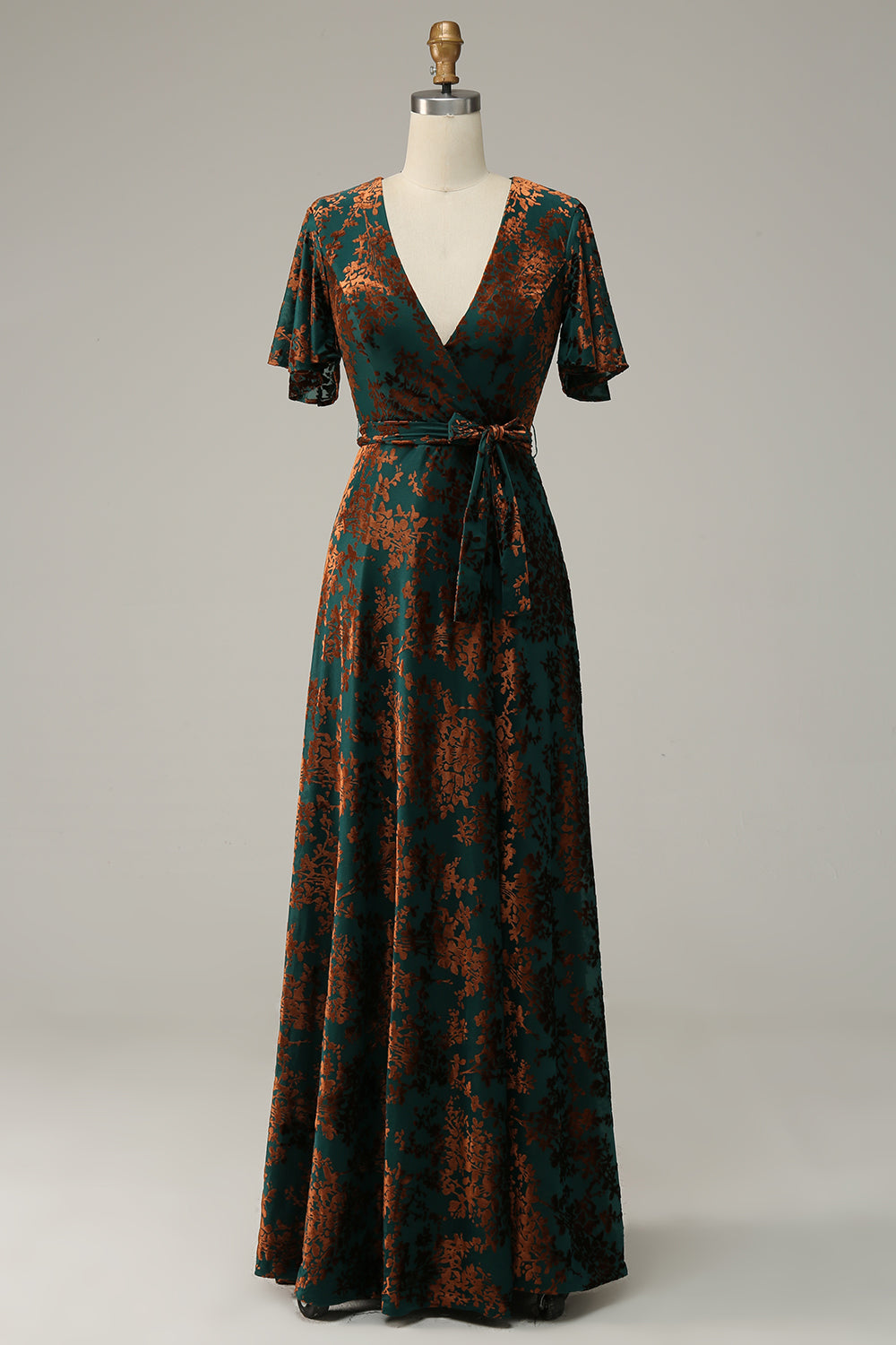 Pine A-Line Velvet Burnout V-Neck Long Wedding Guest Dress