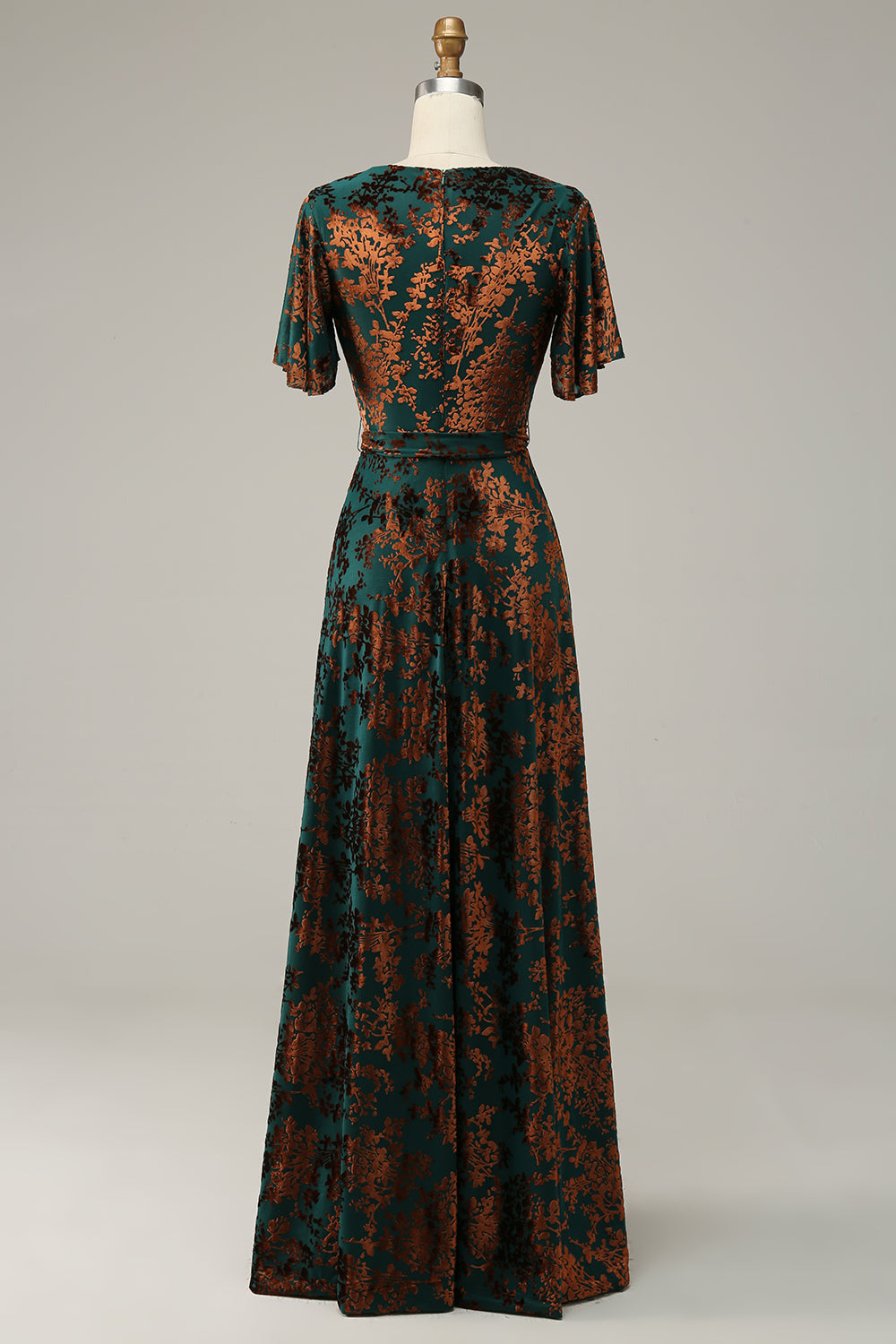 Pine A-Line Velvet Burnout V-Neck Long Wedding Guest Dress