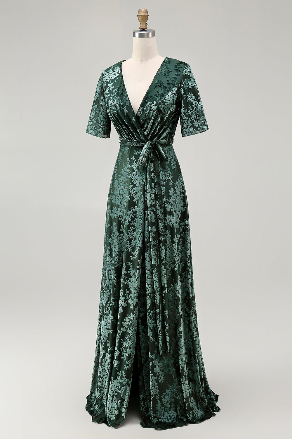 Pine A-Line Velvet Burnout V-Neck Long Wedding Guest Dress