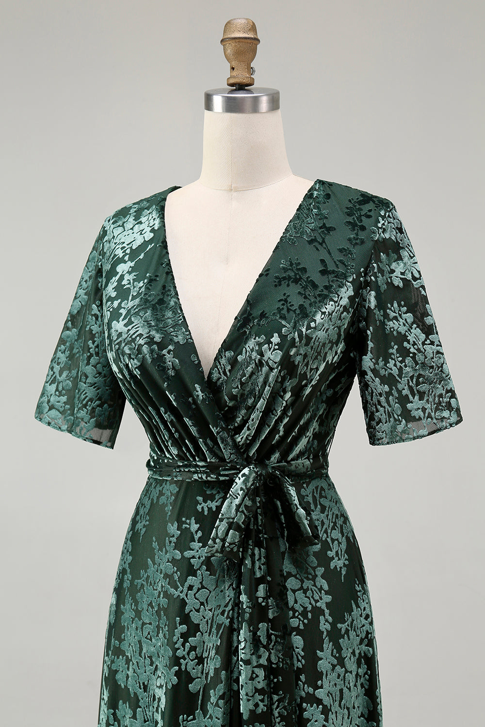 Pine A-Line Velvet Burnout V-Neck Long Wedding Guest Dress