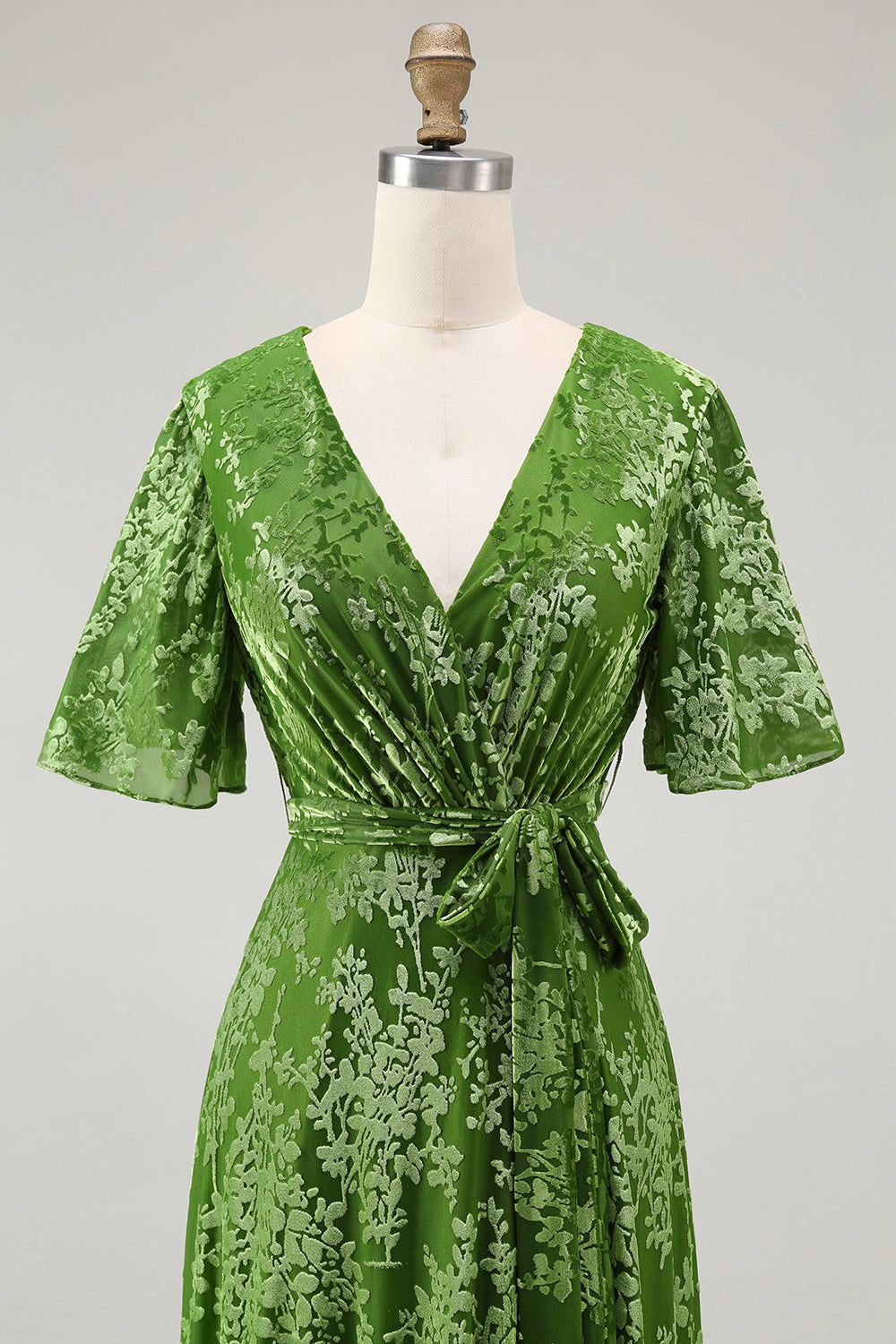Pine A-Line Velvet Burnout V-Neck Long Wedding Guest Dress