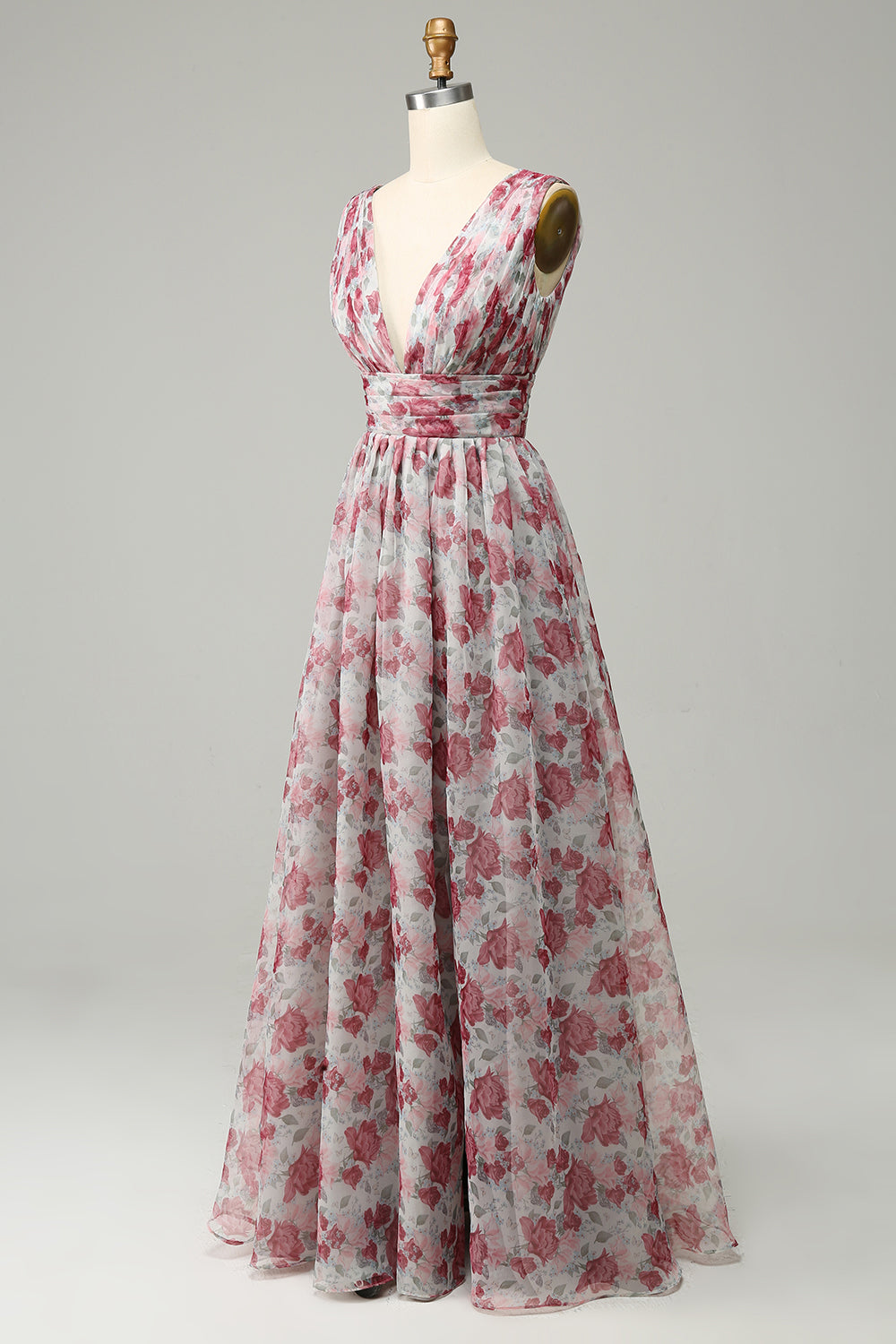 A Line Grey V-Neck Floral Prom Dress