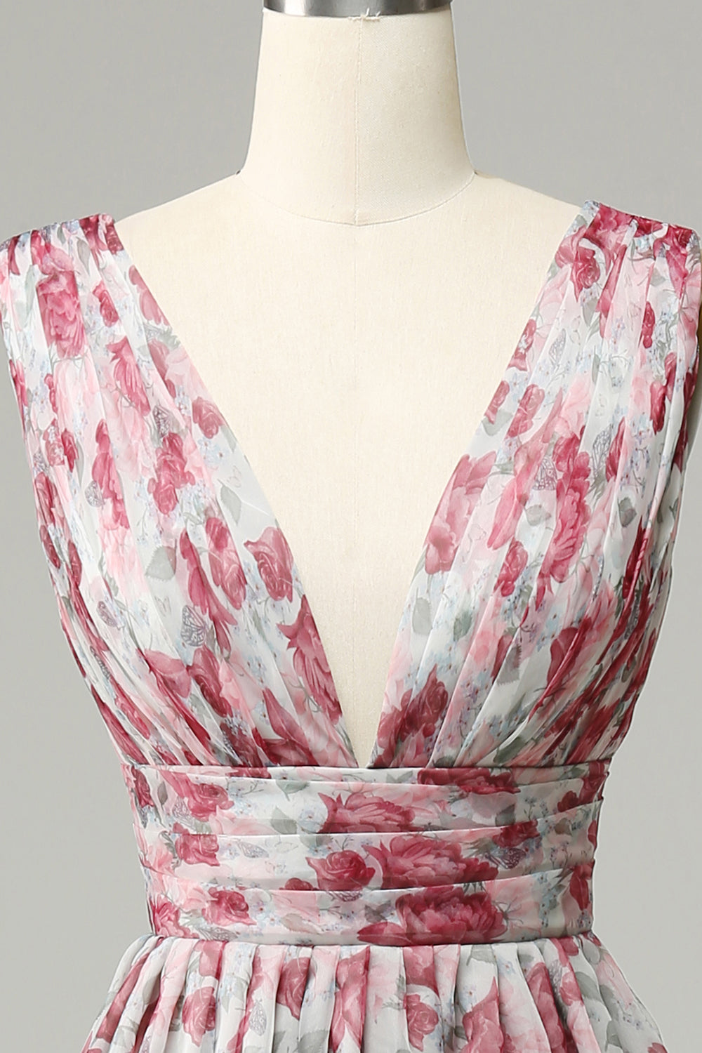 A Line Grey V-Neck Floral Prom Dress