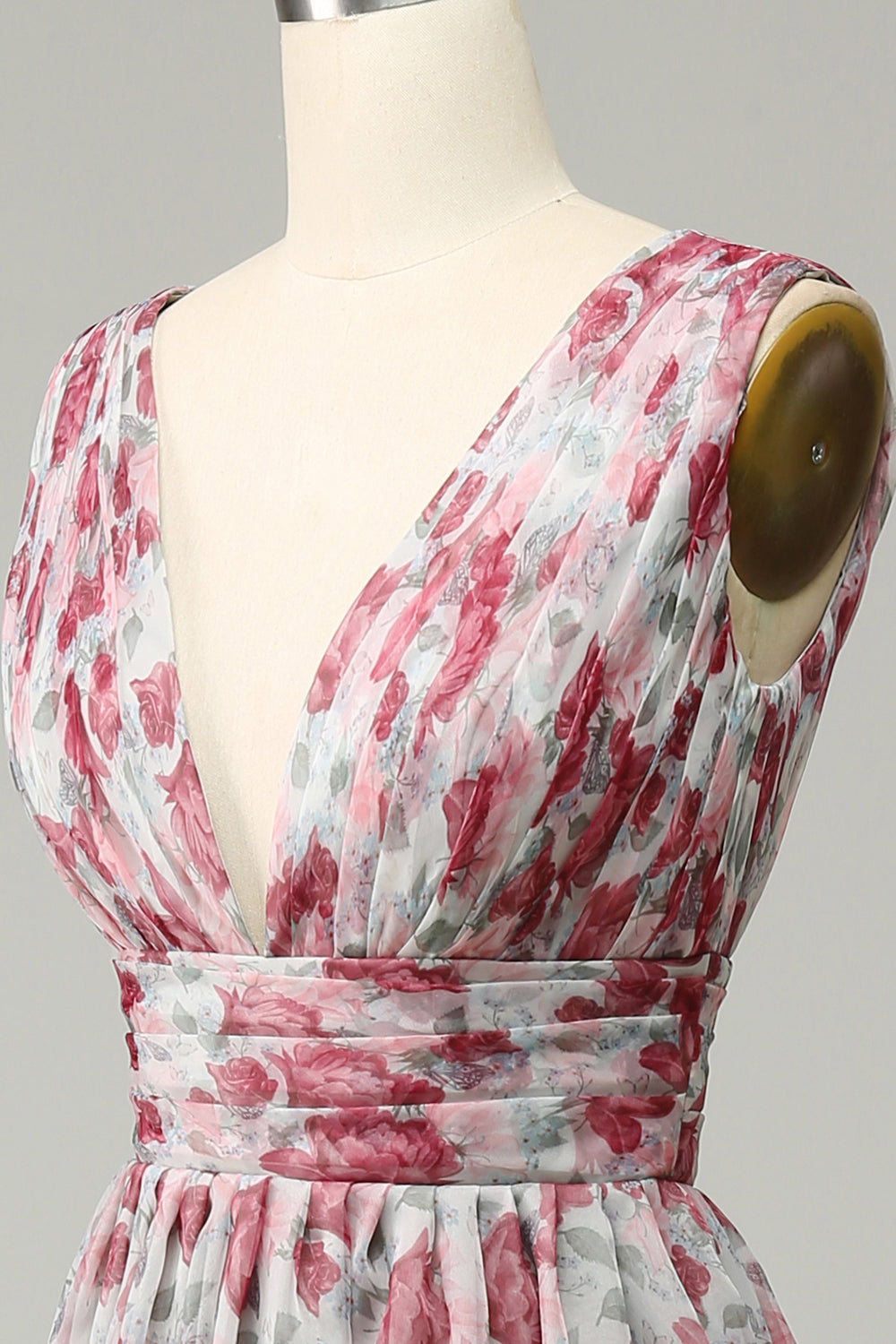 A Line Grey V-Neck Floral Prom Dress
