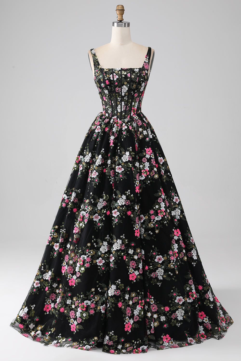 Champagne Princess A-Line Square Neck Corset Long Prom Dress with Embroidery