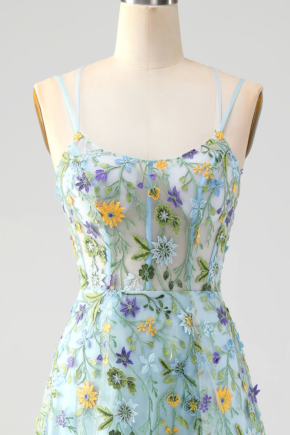 Blue Flower A Line Spaghetti Straps Front Slit Corset Prom Dress With Embroidery