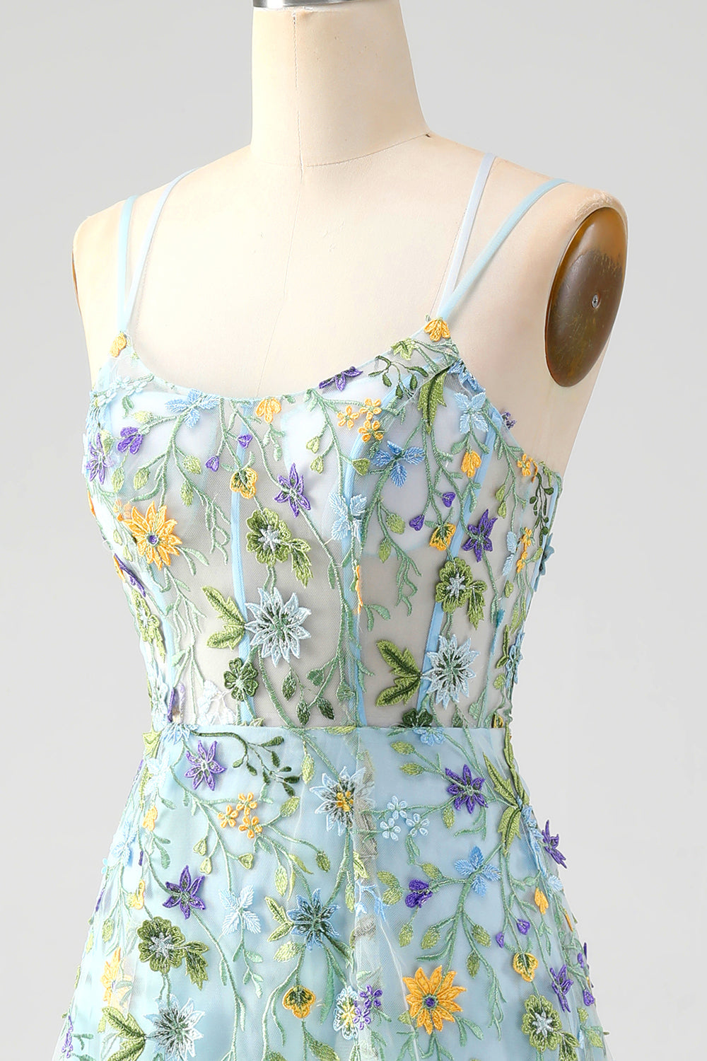 Blue Flower A Line Spaghetti Straps Front Slit Corset Prom Dress With Embroidery