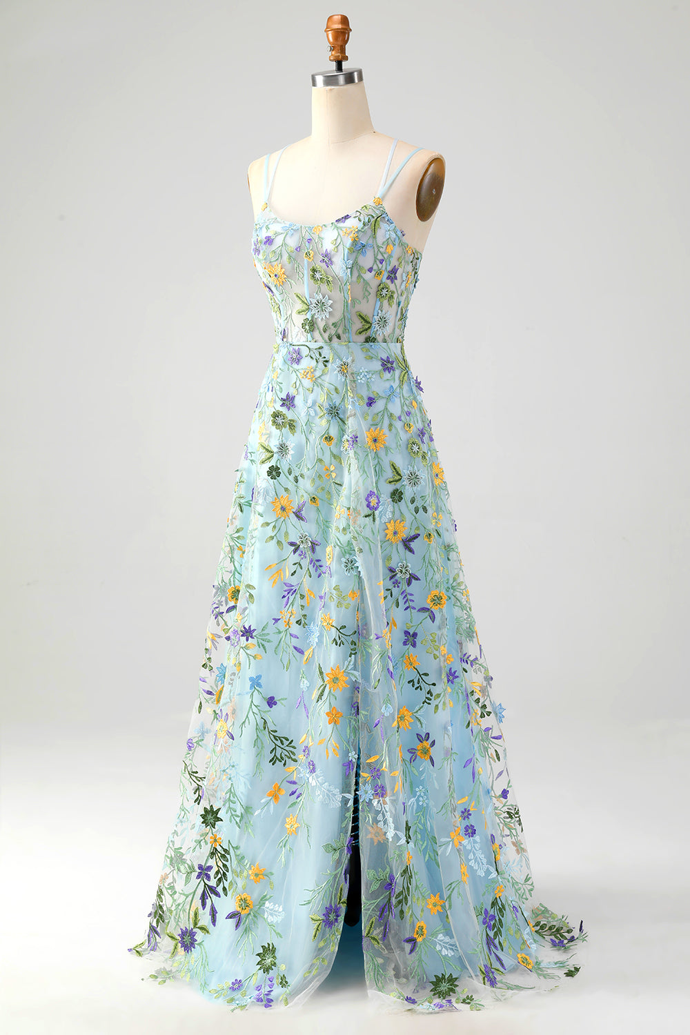 Mauve A-Line Spaghetti Straps Long Prom Dress with Appliques