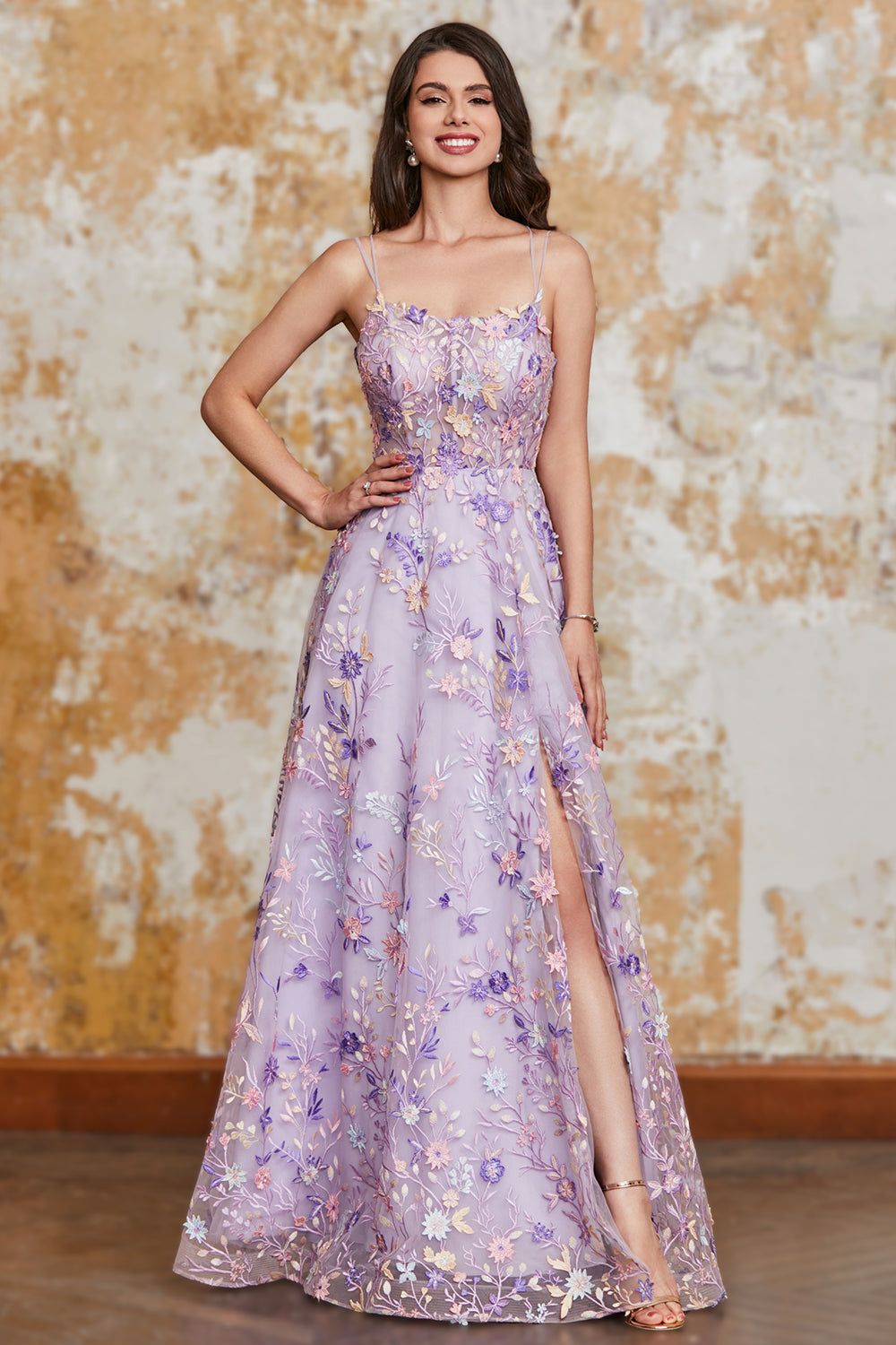 Blue Flower A Line Spaghetti Straps Corset Embroidered Prom Dress with Slit