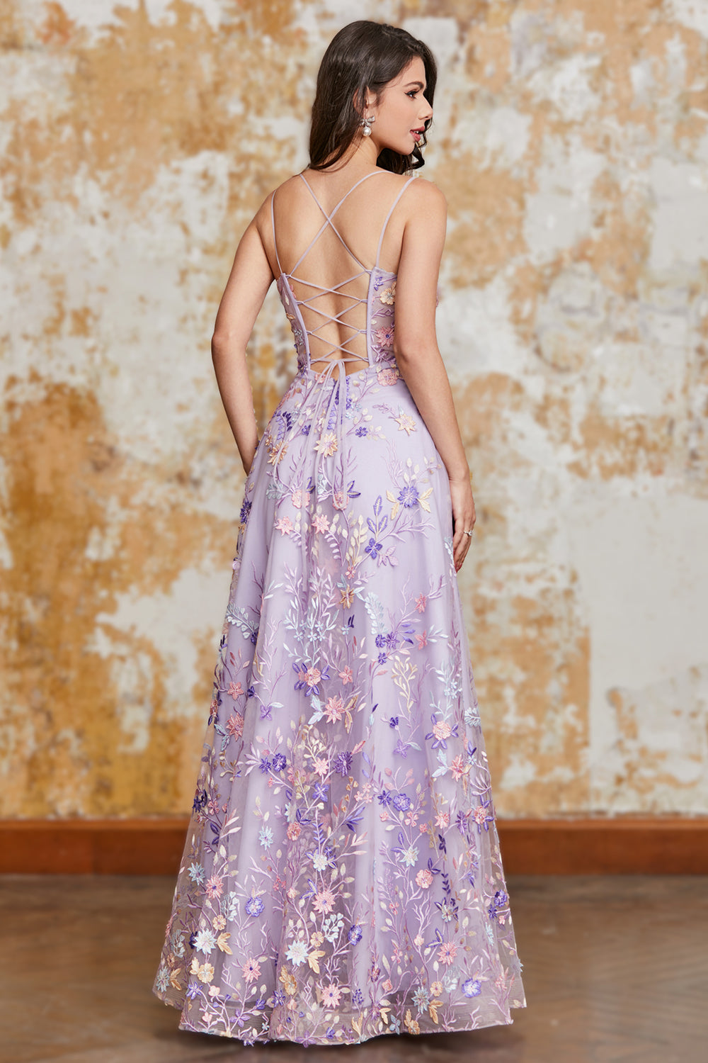 Blue Flower A Line Spaghetti Straps Corset Embroidered Prom Dress with Slit
