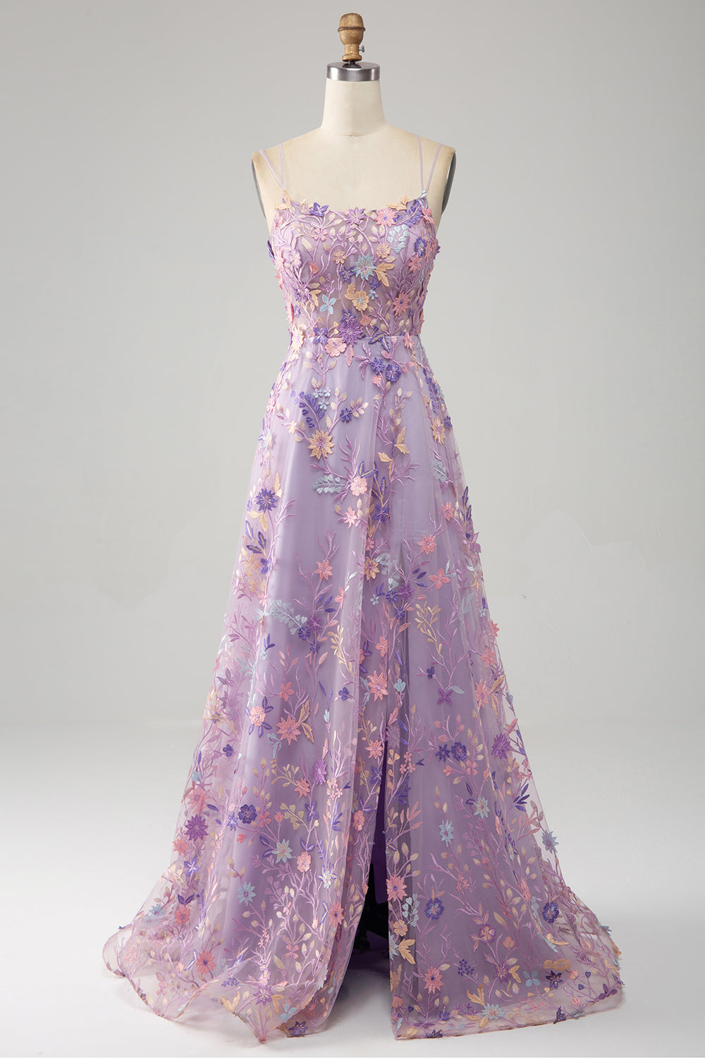 Blue Flower A Line Spaghetti Straps Corset Embroidered Prom Dress with Slit