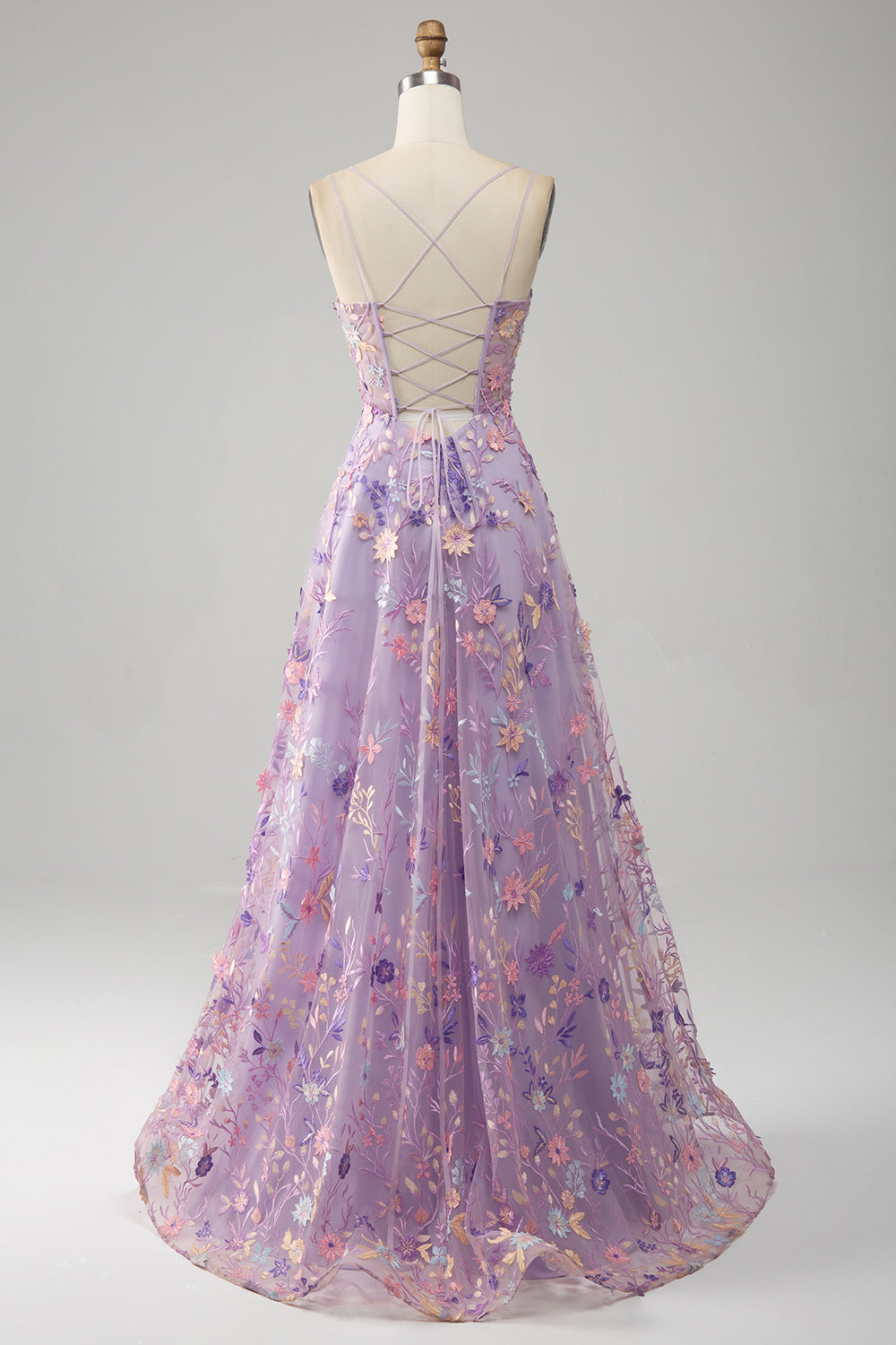 Blue Flower A Line Spaghetti Straps Corset Embroidered Prom Dress with Slit