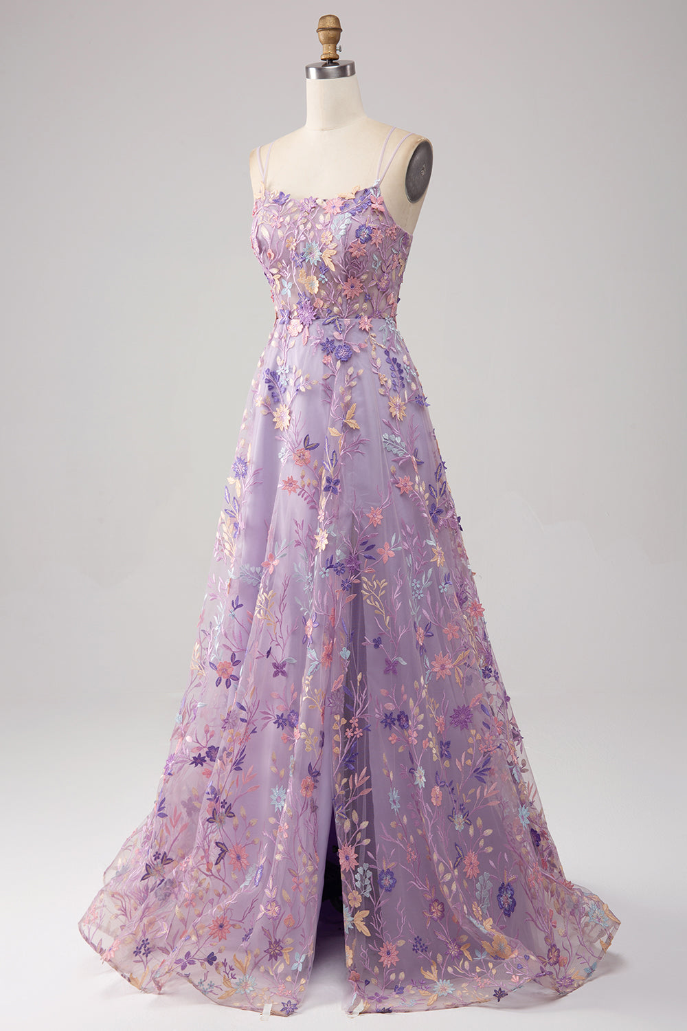 Blue Flower A Line Spaghetti Straps Corset Embroidered Prom Dress with Slit