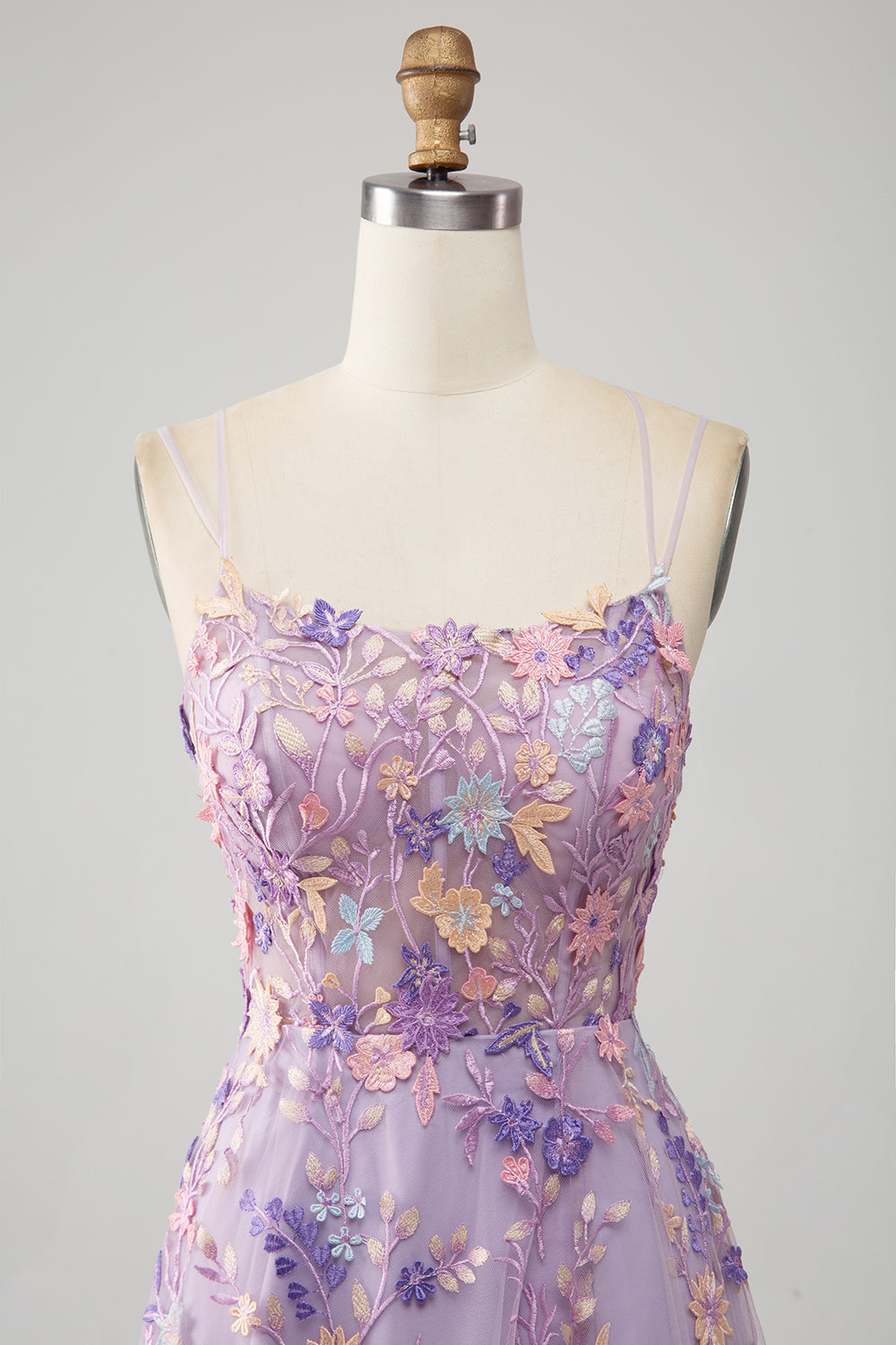 Blue Flower A Line Spaghetti Straps Corset Embroidered Prom Dress with Slit
