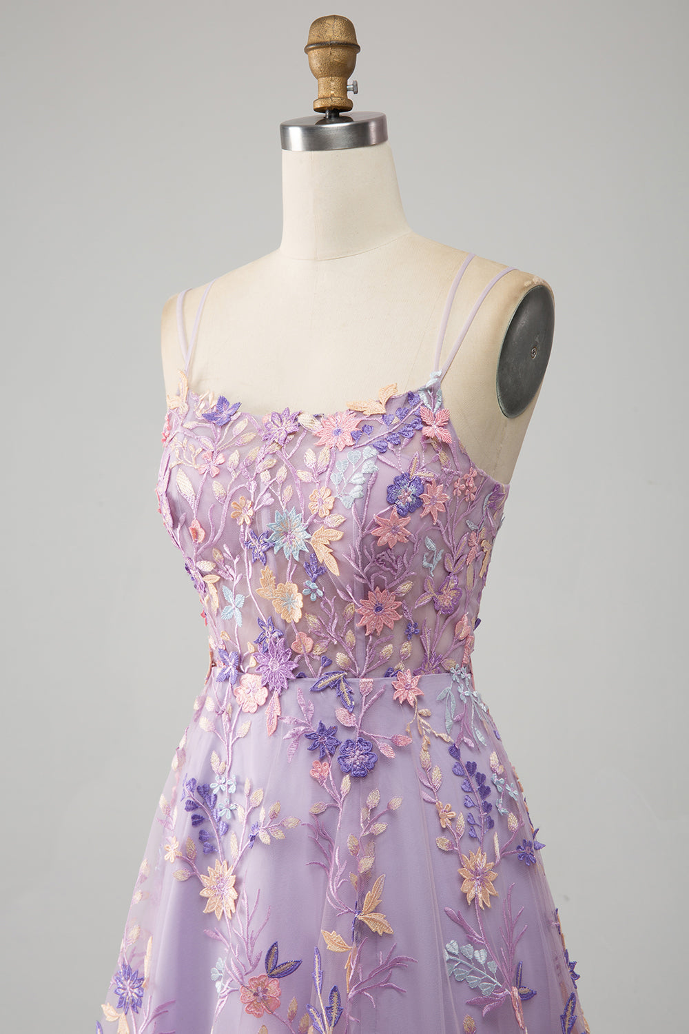 Blue Flower A Line Spaghetti Straps Corset Embroidered Prom Dress with Slit