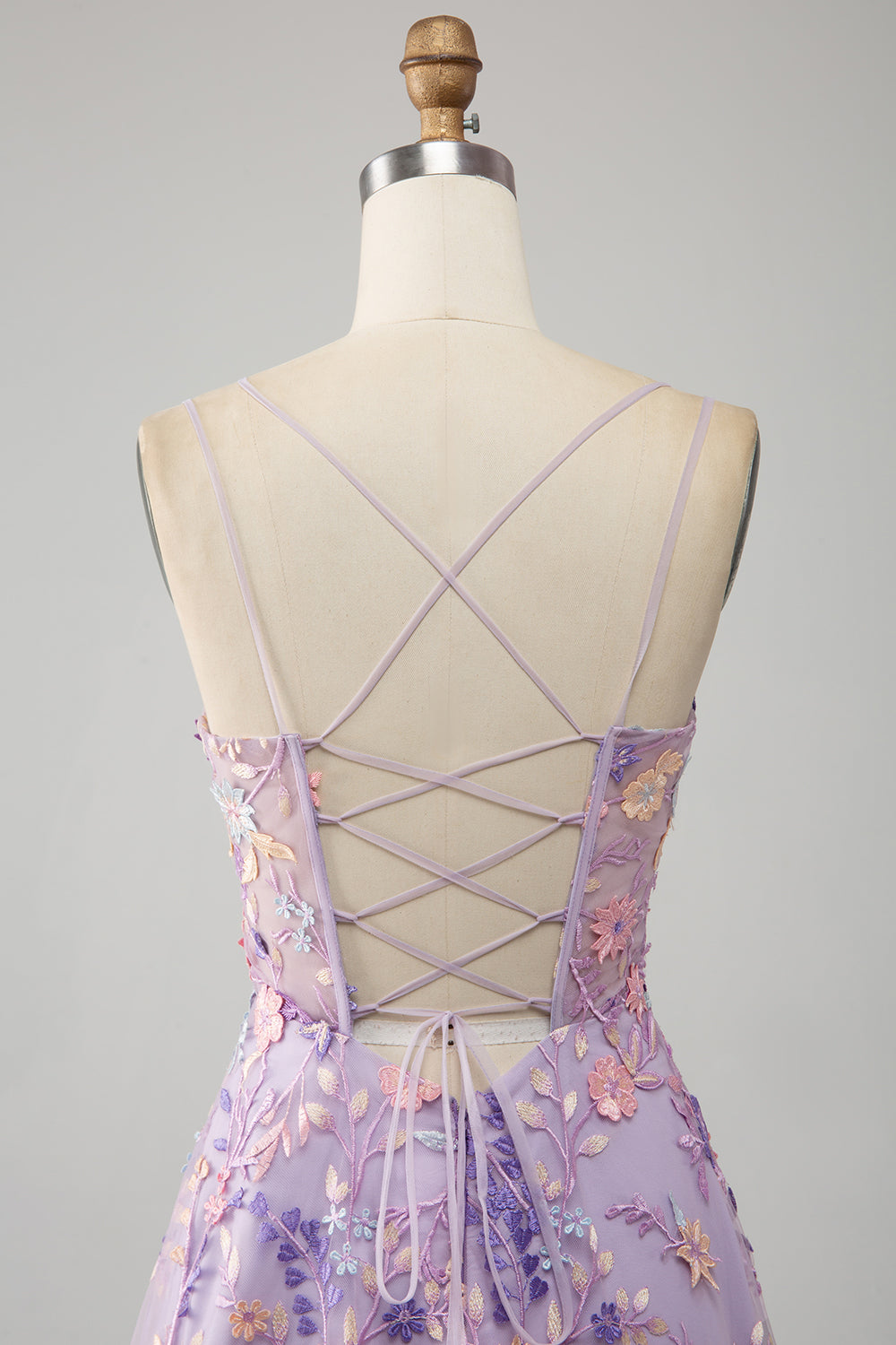 Blue Flower A Line Spaghetti Straps Corset Embroidered Prom Dress with Slit