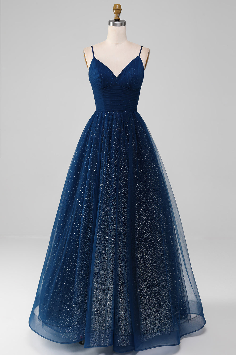 Navy Ball-Gown Spaghetti Straps V-Neck Long Beaded Tulle Prom Dress