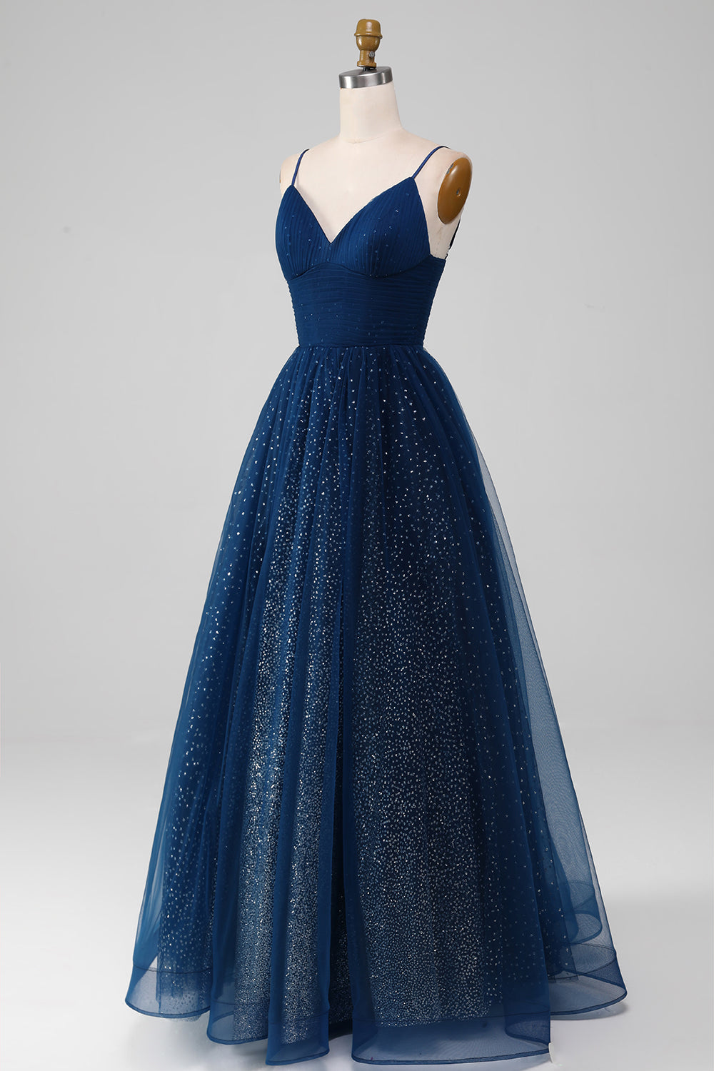 Navy Ball-Gown Spaghetti Straps V-Neck Long Beaded Tulle Prom Dress