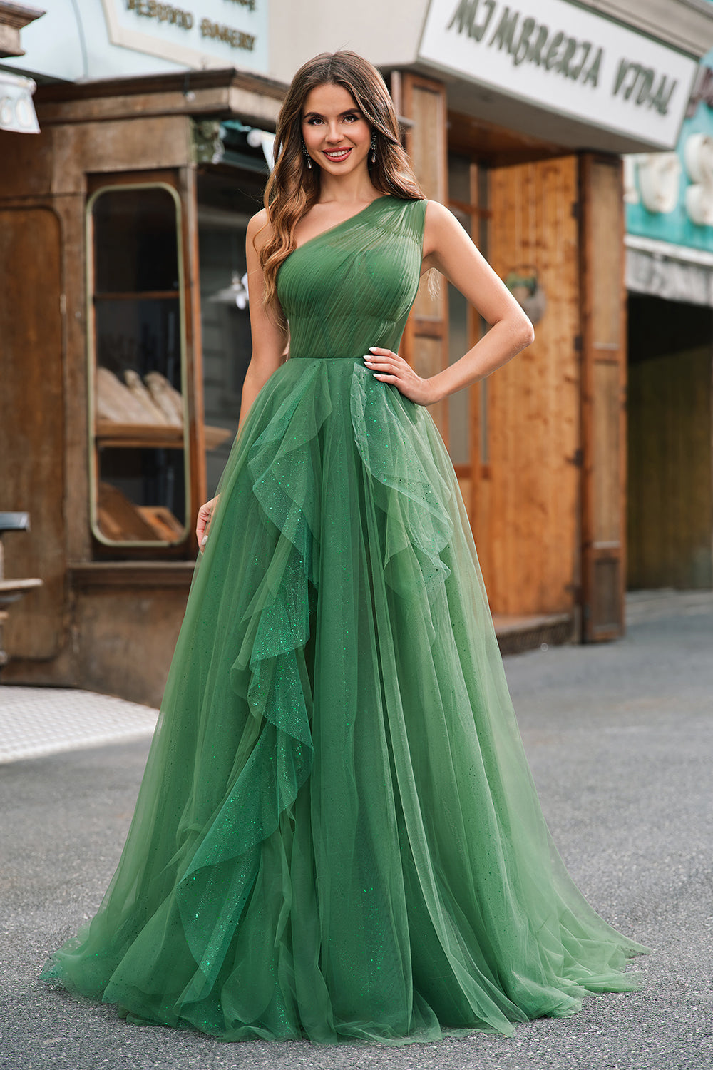Dark Green Tulle A-Line One-Shoulder Long Prom Dresses