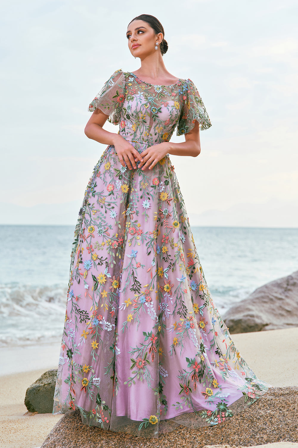 Mauve Ball-Gown/Princess Embroidered Prom Dress with Short Sleeves