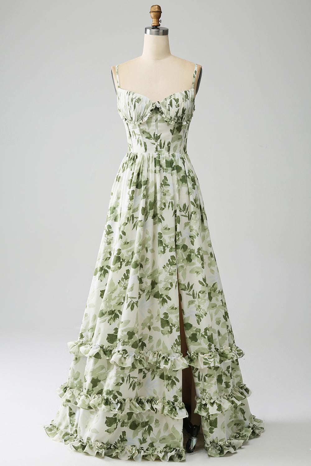 Green A-Line Spaghetti Straps Printed Floral Maxi Dress With Slit