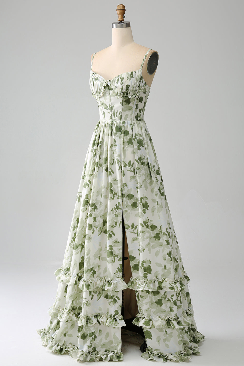 Green A-Line Spaghetti Straps Printed Floral Maxi Dress With Slit