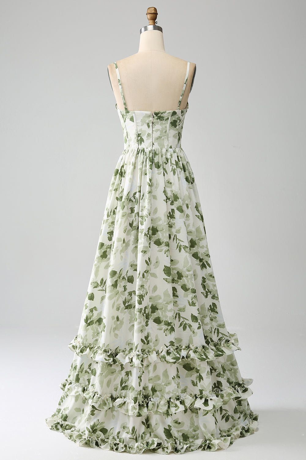 Green A-Line Spaghetti Straps Printed Floral Maxi Dress With Slit