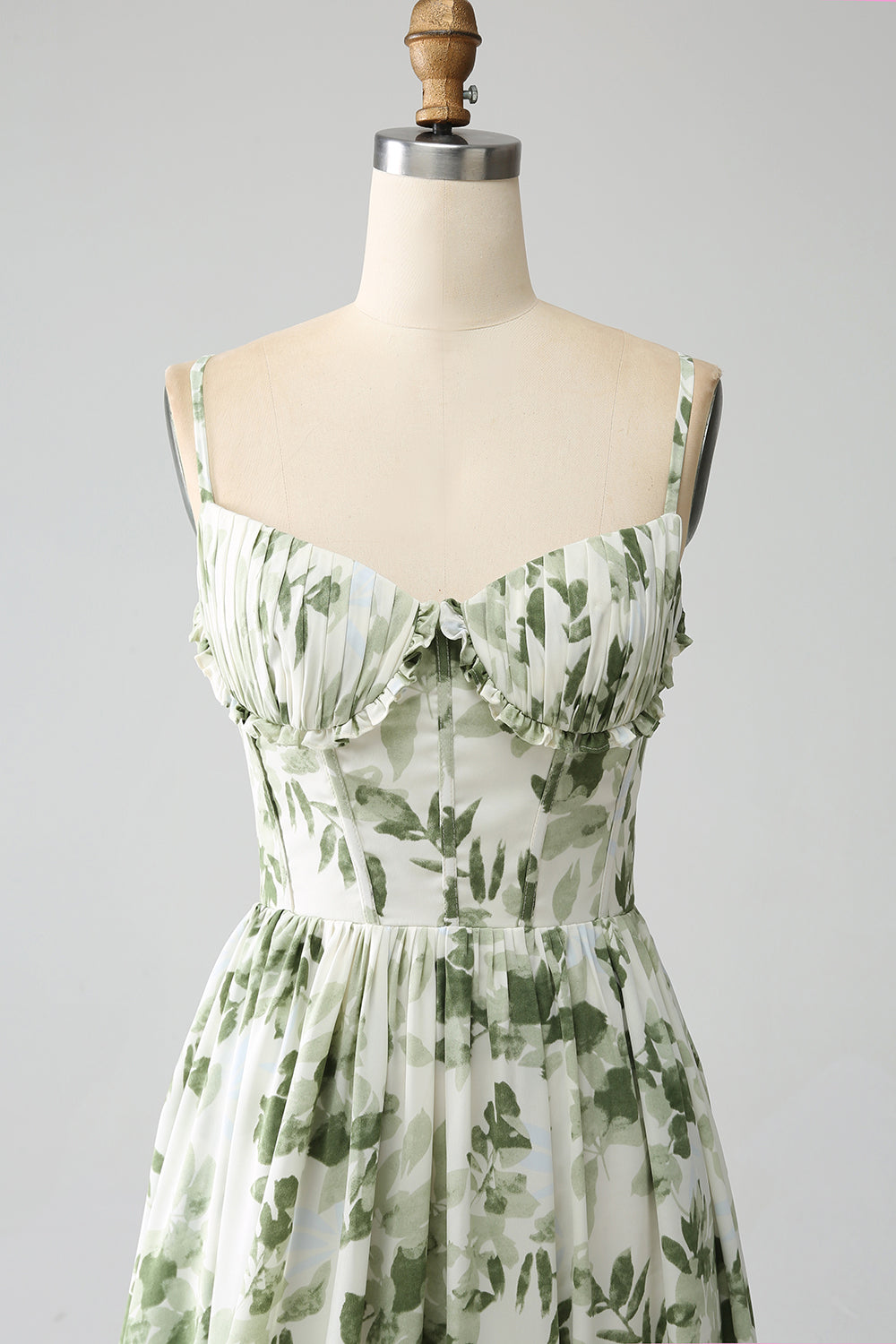 Green A-Line Spaghetti Straps Printed Floral Maxi Dress With Slit